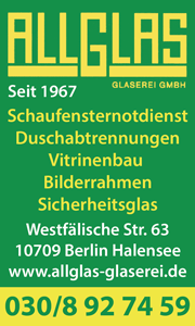 Allglas Glaserei GmbH Berlin Schaufensternotdiesnt, Duschabtrennungen, Vitrinenbau, Bilderrahmen, Sicherheitsglas